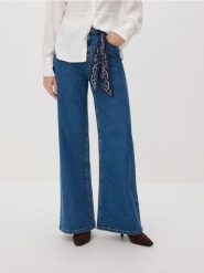 Jeansy wide leg z bandaną - niebieski. Niebieskie jeansy damskie Reserved, bez wzorów, z bawełny. Za 159.99 zł.
