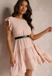 Jasnoróżowa Sukienka Mini z Falbankami Paskiem i Gumką w Talii Lavada. Czerwone sukienki damskie Renee, m, bez wzorów, bez kołnierzyka, bez ramiączek, mini. Za 54.99 zł.
