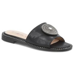 Klapki damskie S. Barski, eleganckie z eko skóry na płaskim obcasie ze sprzączką, czarne, KV51-013. Czarne klapki damskie S.BARSKI, na lato, bez wzorów, ze skóry, eleganckie, bez obcasa, na płaskiej podeszwie, bez zapięcia. Za 109.00 zł.