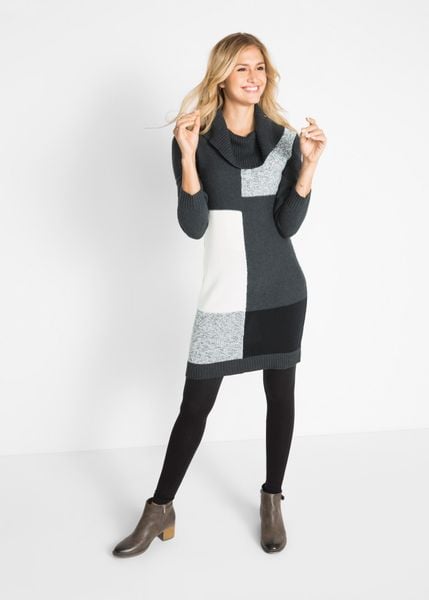 Sukienka dzianinowa, dł. do kolan. Szare sukienki damskie bonprix, bez wzorów, z dzianiny, bez kołnierzyka, bez ramiączek, midi. Za 124.99 zł.