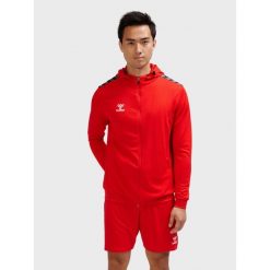 Poliestrowa bluza dresowa z kapturem i zamkiem błyskawicznym Hummel Authentic. Czerwone bluzy sportowe męskie Hummel, bez wzorów, z dresówki, z kapturem, na fitness i siłownię. Za 254.50 zł.