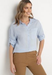 Jasnoniebieska Koszula z Lnem i Kieszonką o Kroju Oversize Lianipa. Niebieskie koszule damskie Born2be, m, bez wzorów, z jeansu, eleganckie, bez kołnierzyka, bez ramiączek. Za 59.99 zł.