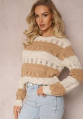 Beżowy Sweter Ozdobiony Ażurowymi Wycięciami i Połyskującą Nitką Casiena. Brązowe swetry nierozpinane damskie Renee, z aplikacjami, z dzianiny, casualowe, bez kołnierzyka, bez ramiączek. Za 84.99 zł.