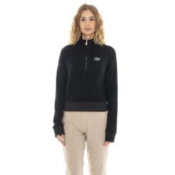 Bluza z zamek błyskawiczny na co dzień na siłownię. Czarne bluzy damskie LEONE 1947 APPAREL, bez wzorów, z elastanu, sportowe, bez ramiączek, bez kaptura. W wyprzedaży za 134.57 zł.
