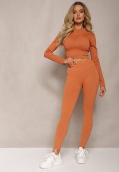 Pomarańczowe Prążkowane Legginsy z Wysokim Stanem Amokka. Brązowe legginsy damskie Renee, bez wzorów, z jeansu. Za 44.99 zł.