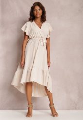 Jasnobeżowa Sukienka Nautirissa. Brązowe sukienki damskie Renee, bez wzorów, z materiału, bez kołnierzyka, bez ramiączek, midi, kopertowe. Za 49.99 zł.