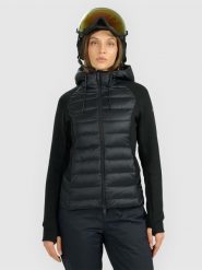 4F Kurtka zimowa z wypełnieniem naturalnym damska - czarna XL. Czarne kurtki sportowe damskie 4F, na zimę, xl, bez wzorów, z puchu, bez ramiączek, bez kaptura. Za 599.99 zł.