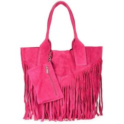 Shopperka boho skórzana VERA PELLE L83 różowa. Czerwone shopperki damskie z aplikacjami, z materiału, zamszowe, bez dodatków. Za 175.99 zł.