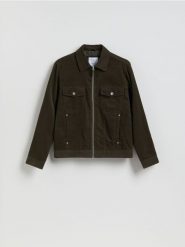 Sztruksowa kurtka z kołnierzem - ciemnozielony. Zielone kurtki męskie Reserved, l, bez wzorów, z bawełny, bez kaptura. Za 179.99 zł.