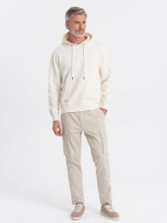 Męska bluza dresowa kangurka z kapturem - kremowa V11 OM-SSBN-0177 - XXL. Białe bluzy męskie Ombre Clothing, l, z aplikacjami, z bawełny, z kapturem. Za 77.99 zł.