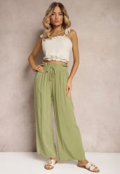 Zielone Spodnie Palazzo High Waist z Bawełny Wykończone Gumką w Talii Nellsea. Zielone spodnie materiałowe damskie Renee, bez wzorów, z bawełny, eleganckie, z podwyższonym stanem. Za 39.99 zł.