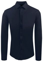 Męska Koszula z Dzianinowej Tkaniny - Krój Taliowany - Granat. Niebieskie koszule męskie Pazzani, m, bez wzorów, z bawełny, eleganckie, bez kołnierzyka, bez ramiączek. Za 199.00 zł.