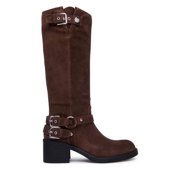 Kozaki Guess. Brązowe kozaki damskie Guess, z aplikacjami, bez obcasa, na słupku, bez zapięcia. Za 824.99 zł.