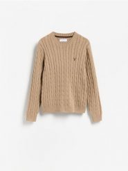 Sweter z haftem - beżowy. Brązowe swetry męskie Reserved, l, bez wzorów, z bawełny, bez kołnierzyka, bez ramiączek. Za 149.99 zł.