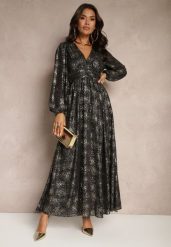 Czarna Rozkloszowana Sukienka z Ozdobnym Metalicznym Wzorem i Gumką w Talii Bonina. Czarne sukienki damskie Renee, na co dzień, l, bez wzorów, eleganckie, bez kołnierzyka, bez ramiączek, maxi, rozkloszowane. Za 159.99 zł.