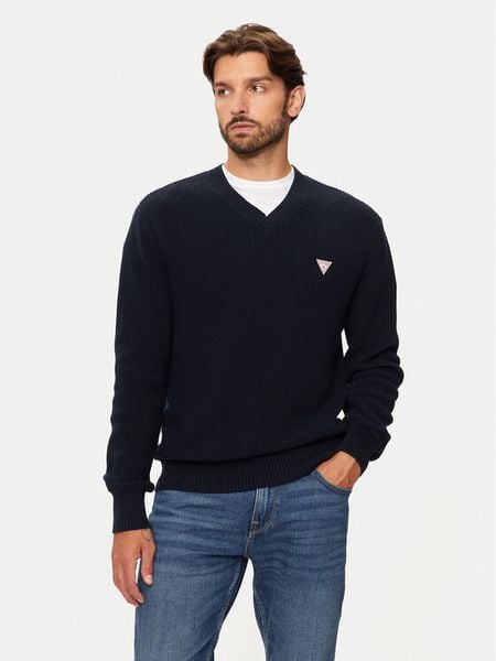 Guess Sweter M4BR33 Z3HM1 Granatowy Regular Fit. Niebieskie swetry męskie Guess, m, z aplikacjami, z bawełny, bez kołnierzyka, bez ramiączek. Za 309.99 zł.