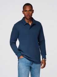 Bluza męska z kołnierzykiem polo ze strukturalnej dzianiny - ciemnoniebieska V5 - Rozmiar: XL. Niebieskie bluzy męskie Ombre Clothing, m, bez wzorów, z bawełny, bez ramiączek, bez kaptura. W wyprzedaży za 59.99 zł.