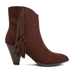 Botki DeeZee. Brązowe botki damskie DeeZee, bez wzorów, bez obcasa, na słupku, bez zapięcia. Za 199.99 zł.