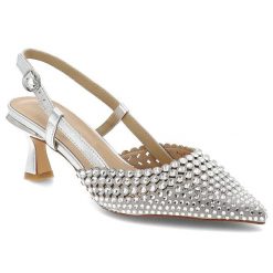 Czółenka damskie Alma En Pena, skóra naturalna ażurowa cholewka ozdobne kryształki pasek z regulacją smukły nosek elegancki obcas, srebrne, V261855. Szare czółenka damskie Alma En Pena, w ażurowe wzory, ze skóry, eleganckie, bez obcasa, na obcasie, bez zapięcia. Za 599.00 zł.