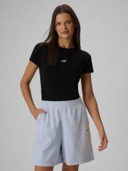 4F T-shirt slim gładki damski - czarny M. Czarne koszulki sportowe damskie 4F, m, bez wzorów, z materiału, bez ramiączek, na fitness i siłownię. Za 49.99 zł.