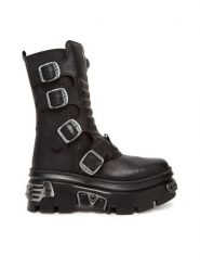 NEW ROCK Botki M-WALL373N-C1 Czarny. Czarne botki damskie NEW ROCK, bez wzorów, ze skóry, rockowe, bez obcasa, na koturnie, bez zapięcia. Za 1,279.00 zł.