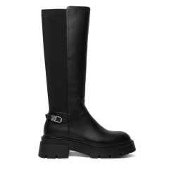 Kozaki Nine West. Czarne kozaki damskie Nine West, bez wzorów, bez obcasa, na płaskiej podeszwie, bez zapięcia. Za 349.99 zł.