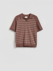 Sweter polo z dodatkiem lnu - brązowy. Brązowe swetry męskie Reserved, l, bez wzorów, z dzianiny, bez kołnierzyka, bez ramiączek. Za 179.99 zł.