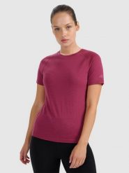 4F Koszulka trekkingowa z wełną merino damska - różowa L. Czerwone bluzki damskie 4F, l, bez wzorów, z wełny, bez kołnierzyka, bez ramiączek. W wyprzedaży za 169.99 zł.