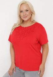 Czerwony Klasyczny T-shirt z Koronką przy Dekolcie Fioma. Czerwone t-shirty damskie Born2be, l, bez wzorów, z jeansu, biznesowe, bez kołnierzyka, bez ramiączek. Za 29.99 zł.