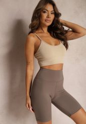 Brązowe Szorty Kolarki High Waist z Gumką w Talii Xelfea. Brązowe szorty damskie Renee, bez wzorów, sportowe, z podwyższonym stanem. Za 39.99 zł.