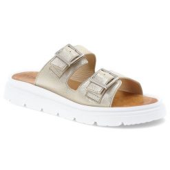 Klapki damskie Wasak, ze skóry naturalnej na platformie z klamrami w klasycznym stylu, złote Prada, 756. Żółte klapki damskie Wasak, na lato, bez wzorów, ze skóry, klasyczne, bez obcasa, na platformie, bez zapięcia. Za 219.00 zł.