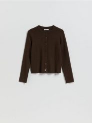 Kardigan z dodatkiem modalu - ciemnobrązowy. Brązowe kardigany damskie Reserved, l, bez wzorów, z dzianiny, bez kołnierzyka. Za 119.99 zł.