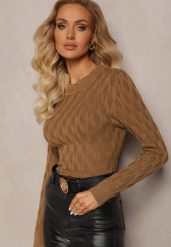 Brązowy Sweter z Okrągłym Dekoltem i Tłoczeniami w Kształcie Liści Timaphone. Brązowe swetry nierozpinane damskie Renee, z aplikacjami, casualowe, bez kołnierzyka, bez ramiączek. Za 54.99 zł.