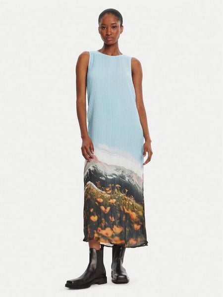 Desigual Sukienka codzienna Plisado Paisaje 25WWVW07 Błękitny Regular Fit. Niebieskie sukienki damskie Desigual, na co dzień, m, bez wzorów, z syntetyku, bez kołnierzyka, bez ramiączek, proste. Za 519.99 zł.