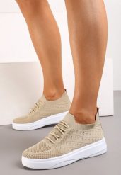 Beżowe Buty Sportowe z Cholewką w Skarpetkowym Stylu Timotta. Brązowe obuwie sportowe damskie Renee, bez wzorów, bez zapięcia, tenisowe. Za 49.99 zł.