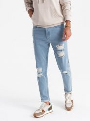 Washowane męskie jeansowe spodnie TAPERED FIT z przetarciami błękitne V1 OM-PADP-0163 XL. Niebieskie spodnie sportowe męskie Ombre, m, bez wzorów, z jeansu. Za 287.44 zł.