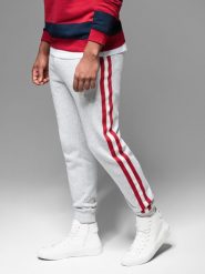 Męskie spodnie dresowe z lampasami i ściągaczami na nogawkach – szary melanż V1 OM-PASK-0258 - XXL. Szare spodnie sportowe męskie Ombre Clothing, l, z aplikacjami, z bawełny. Za 119.99 zł.
