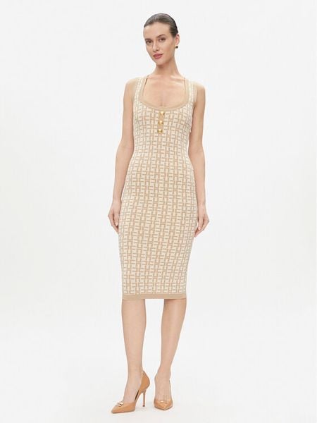 Elisabetta Franchi Sukienka dzianinowa AM-55Z-41E2-V460 Beżowy Slim Fit. Brązowe sukienki damskie Elisabetta Franchi, bez wzorów, z dzianiny, bez kołnierzyka, bez ramiączek. Za 1,439.00 zł.