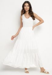 Biała Bawełniana Sukienka Maxi Bez Rękawów Lorenis. Białe sukienki damskie Born2be, na co dzień, na lato, l, bez wzorów, z bawełny, eleganckie, bez kołnierzyka, bez ramiączek, maxi, kopertowe. Za 109.99 zł.