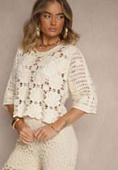 Beżowa Ażurowa Bluzka z Bawełny Nilonna. Brązowe bluzki damskie Renee, w ażurowe wzory, z bawełny, eleganckie, bez kołnierzyka, bez ramiączek. Za 109.99 zł.