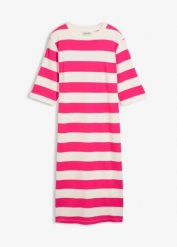 Sukienka T-shirtowa z grubego materiału Interlock z bawełny organicznej. Czerwone sukienki damskie bonprix, uniwersalny, bez wzorów, z bawełny, bez kołnierzyka, bez ramiączek. Za 99.99 zł.