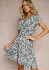 Niebieska Sukienka z Bawełny w Kwiaty z Gumką w Talii Gomalia. Niebieskie sukienki damskie Renee, m, bez wzorów, z bawełny, bez kołnierzyka, bez ramiączek, mini. Za 39.99 zł.