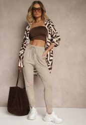 Beżowe Spodnie Dresowe z Wiskozą High Waist Ozdobione Sznurkiem Ellivenna. Brązowe spodnie dresowe damskie Renee, bez wzorów, z dresówki, sportowe, z podwyższonym stanem. Za 39.99 zł.