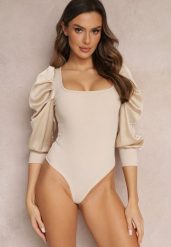 Jasnobeżowe Body z Marszczonym Bufiastym Rękawem Chiki. Brązowe body Renee, bez wzorów, z jeansu. Za 59.99 zł.