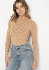 Beżowa Bawełniana Bluzka z Półgolfem Typu Longsleeve z Geometrycznym Wzorem Tilianna. Brązowe bluzki damskie Born2be, l, bez wzorów, z bawełny, biznesowe, bez kołnierzyka, bez ramiączek. Za 39.99 zł.