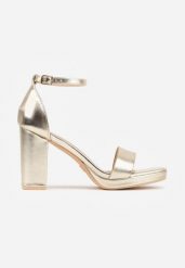 Złote Sandały VICES na Słupku z Wkładką ze Skóry Naturalnej Azirera. Żółte sandały damskie Born2be, bez wzorów, ze skóry, bez obcasa, na obcasie, bez zapięcia. Za 109.99 zł.