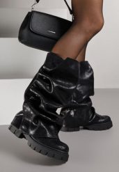 Czarne Botki na Platformie Ozdobione Wywiniętą Cholewką Nenalea. Czarne botki damskie Renee, z aplikacjami, z jeansu, klasyczne, bez obcasa, na platformie, bez zapięcia. Za 119.99 zł.