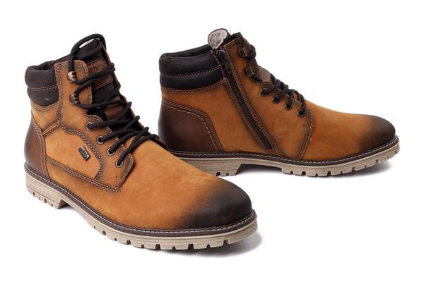 RIEKER TEX F3622-68 yellow, trzewiki męskie. Brązowe botki męskie Rieker, bez wzorów, bez obcasa, bez zapięcia. Za 318.44 zł.