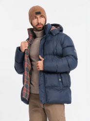 Kurtka męska puffer z podszewką w kratę – granatowa V1 OM-JAHP-0205 - XXL. Niebieskie kurtki męskie Ombre Clothing, l, z aplikacjami, z bawełny, bez kaptura. W wyprzedaży za 199.99 zł.
