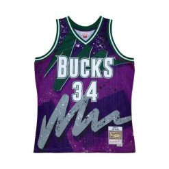 Koszulka NBA Milwaukee Bucks Ray Allen Swingman Hyper Hoops 2000/01. Fioletowe bluzki damskie Mitchell & Ness, bez wzorów, sportowe, bez kołnierzyka, bez ramiączek. Za 616.50 zł.